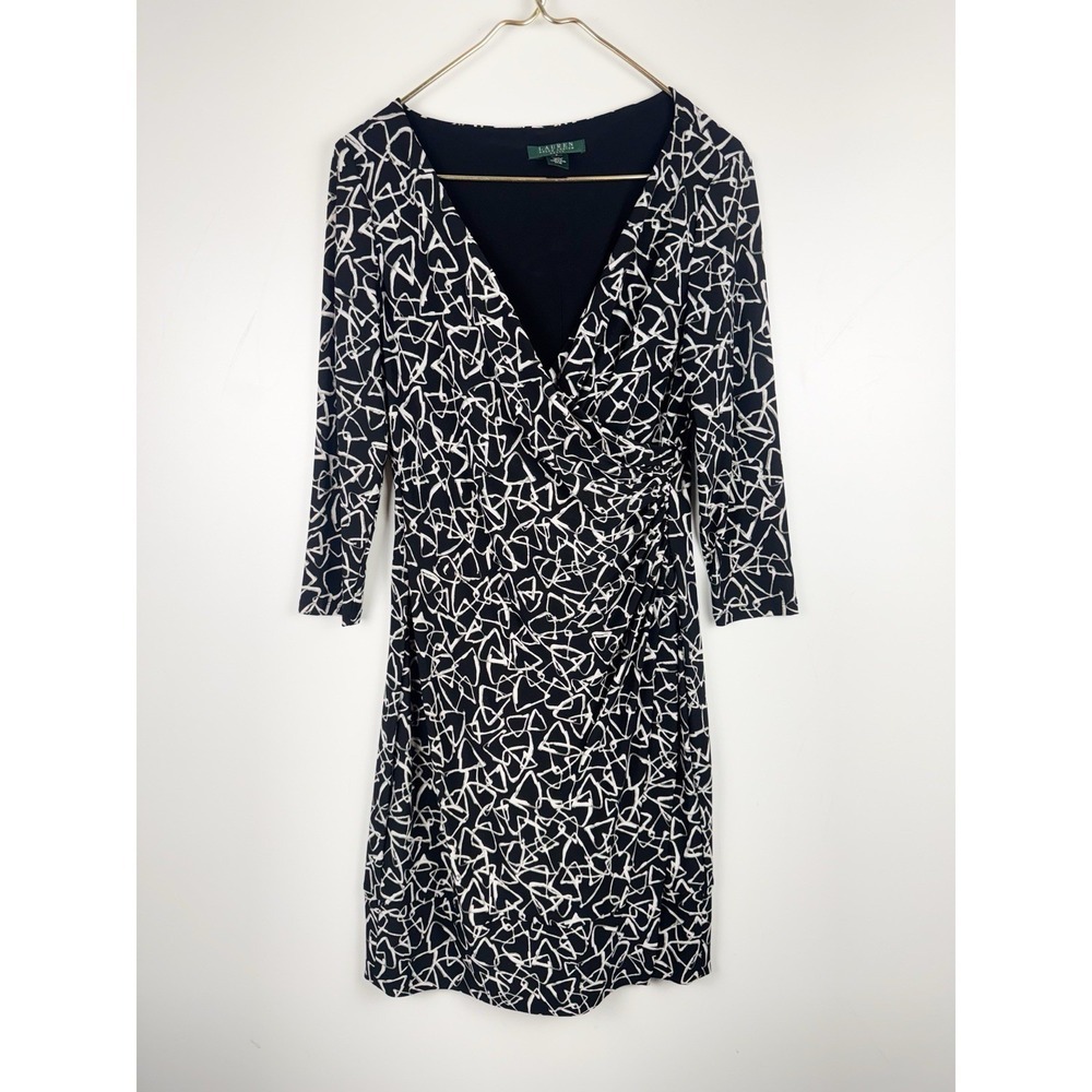 Lauren Ralph Lauren Dress Womens 8 Black White Geometric Faux Wrap Ruched Jersey
